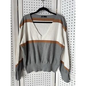 Shein Curve 3XL Striped V Neck Sweater Stretchy Gray Brown Ivory Women's Plus